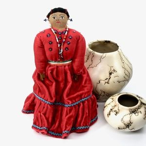 Navajo Cloth Doll, Signed, 70's, Red Velvet Dress